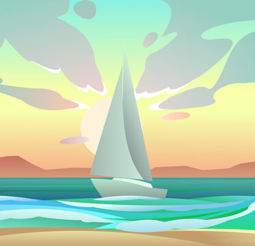 Sailing yacht white. Small sea vessel. Rides on waves. Quiet weather. Cartoon fun style. Flat design. Vector