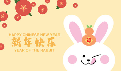 Year of the rabbit 2023 illustration banner vector. Cute rabbit head with tangerines and flowers in background.