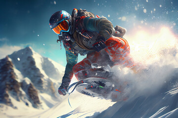 Man in ski goggles rides a snowboard from a snowy mountain. Illustration Generative AI