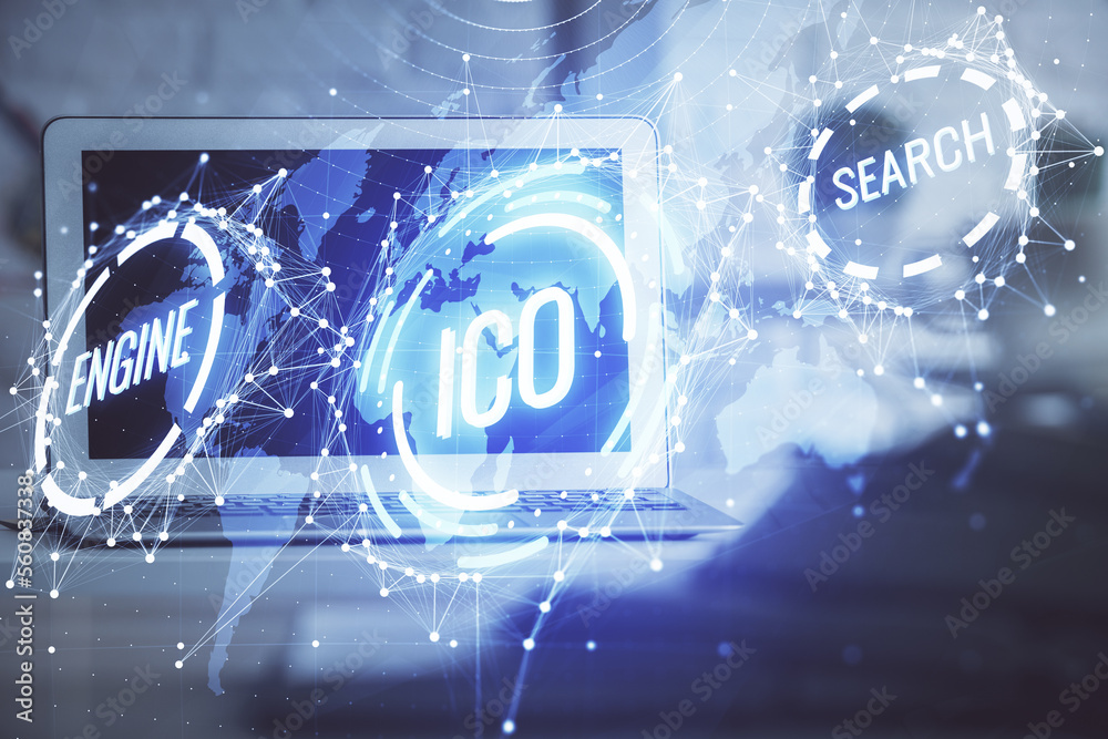 Aufkleber Multi exposure of blockchain and crypto economy theme hologram and table with computer background. Concept of bitcoin cryptocurrency.
