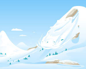 Snow avalanche slides down in high mountain, natural hazard illustration background, danger in mountains concept