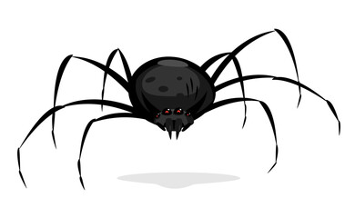 One big black cartoon spider with red evil eyes looking at you, scary spider in front view isolated on white