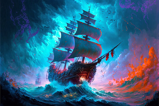 ghost ship in the stormy sea