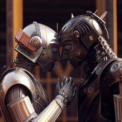 Iron Robots kiss on a dark background. Illustration Generative AI