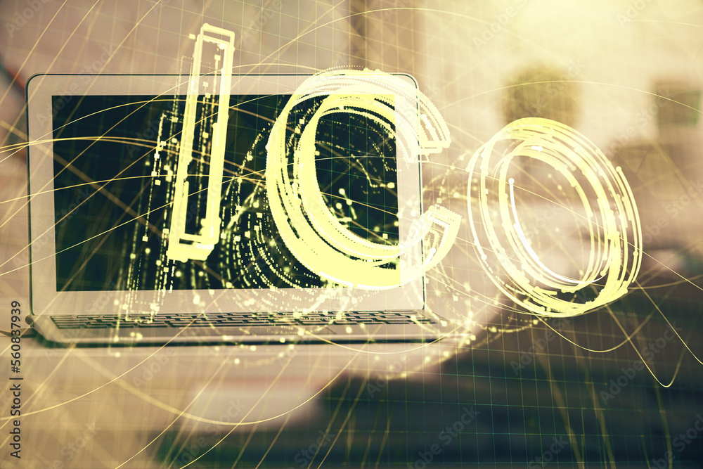 Aufkleber multi exposure of blockchain and crypto economy theme hologram and table with computer background. c