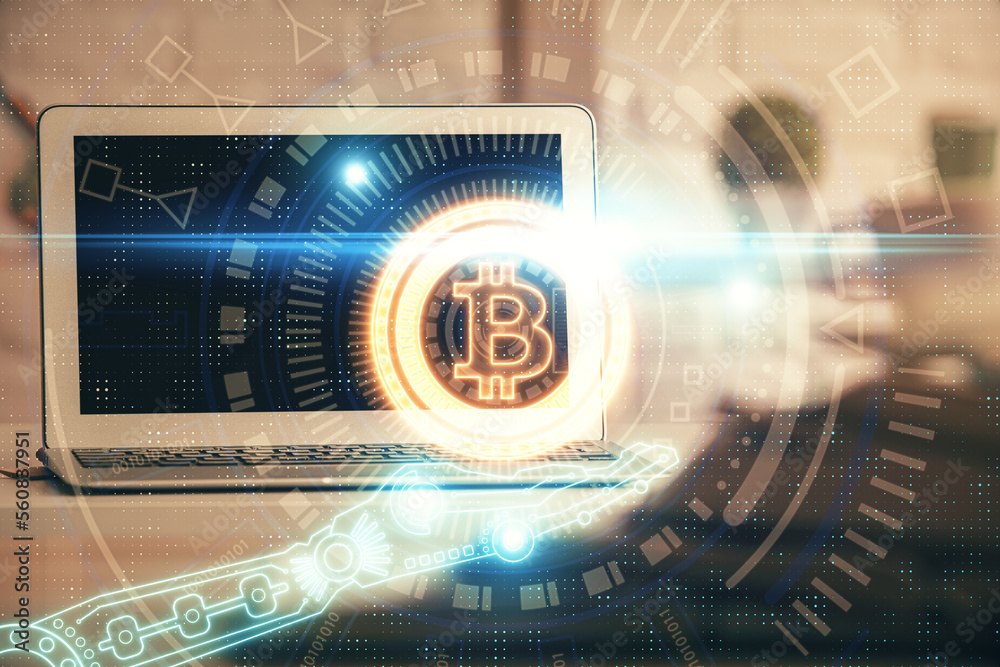 Poster Multi exposure of blockchain and crypto economy theme hologram and table with computer background. Concept of bitcoin cryptocurrency.