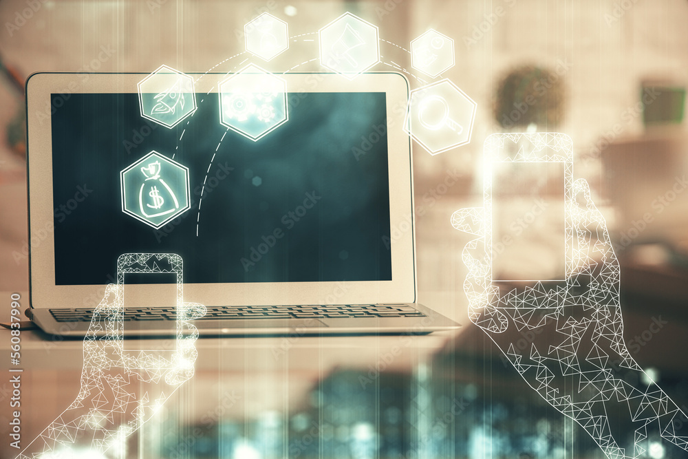 Poster computer on desktop in office with technology theme hologram. double exposure. tech concept.