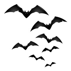 Group of black flying bats isolated on white, halloween illustration - obrazy, fototapety, plakaty