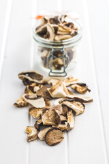 Sliced dried mushrooms on white table.