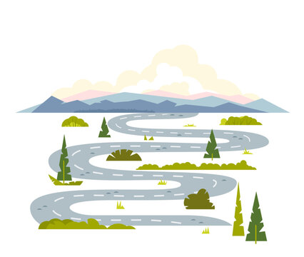 Long winding road through plants and trees to the mountains, journey on nature, travel time landscape background, long road leads to the mountains