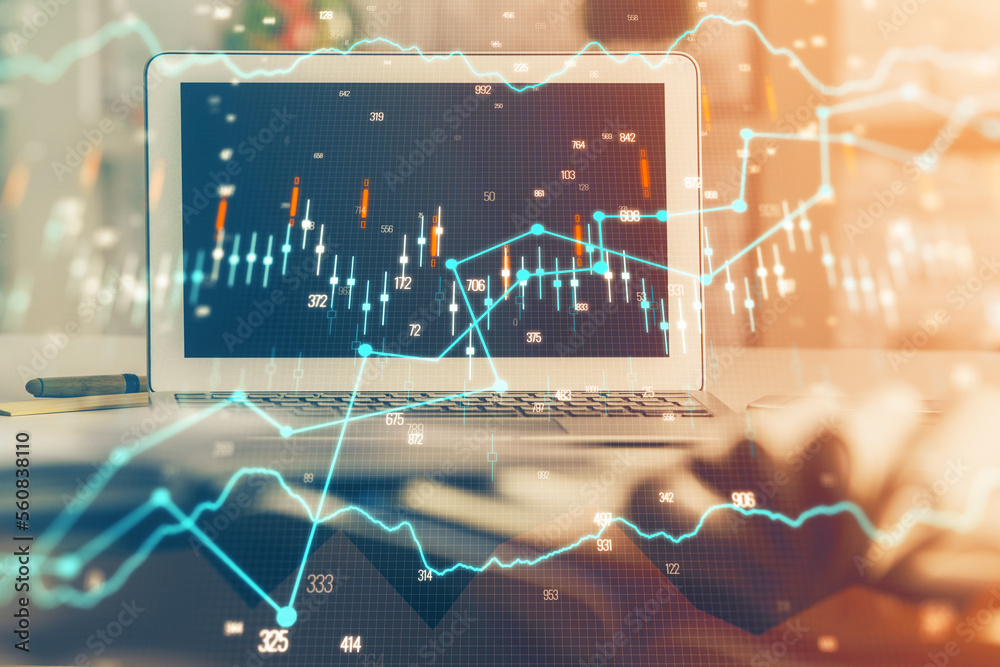 Aufkleber financial graph colorful drawing and table with computer on background. double exposure. concept of 