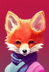 Funny adorable portrait headshot of cute fox. North American land animal standing facing front. Looking to camera. Watercolor imitation illustration. AI generated vertical artistic poster.