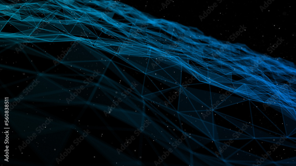 Poster Futuristic wave with lines and dots. Abstract background with a dynamic wave. Particle placement with hanging dots in space. Large data background. 3d rendering.