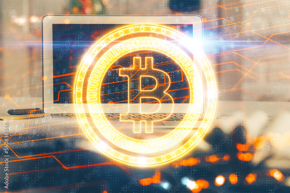 Poster Multi exposure of blockchain and crypto economy theme hologram and table with computer background. Concept of bitcoin cryptocurrency.