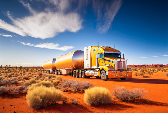 Road train in the Australian outback. Generative AI