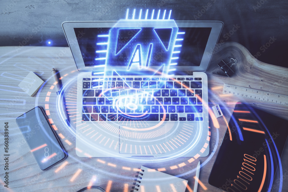 Poster Double exposure of desktop computer and technology theme hologram. Concept of software development.