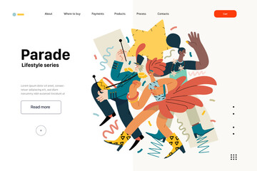Lifestyle web template - Parade - modern flat vector illustration of people marching together, taking part in parade or rally. Male and female protesters or activists. People activities concept