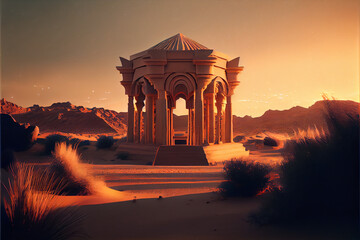 a futuristic temple in desert created with generative ai technology