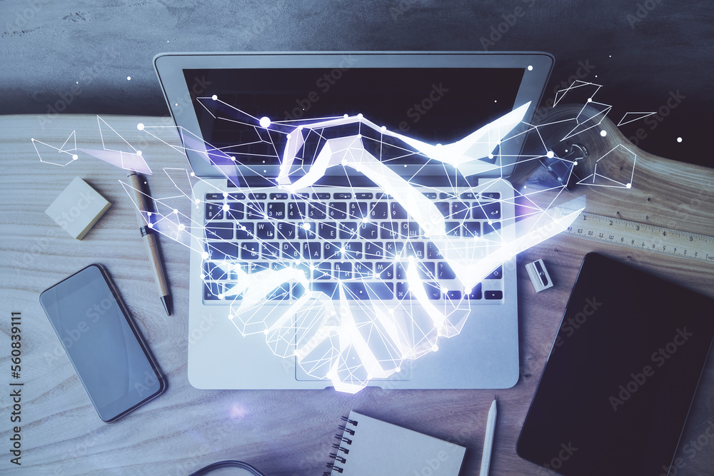 Aufkleber desktop computer background in office and handshake hologram drawing. double exposure. pertnership c