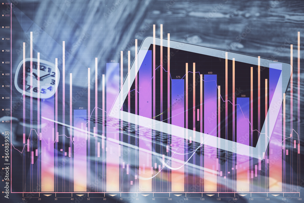 Aufkleber financial graph colorful drawing and table with computer on background. double exposure. concept of 