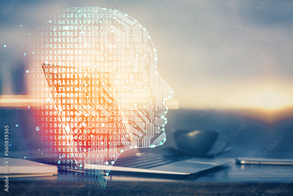 Poster multi exposure of work space with computer and human brain hologram. brainstorm concept.