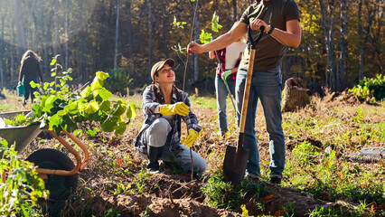 Caucasian people, eco activists planting trees in field of forest to protect nature. Woman and man...