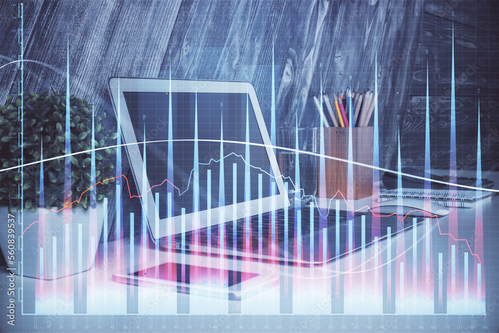Poster Financial graph colorful drawing and table with computer on background. Double exposure. Concept of international markets.