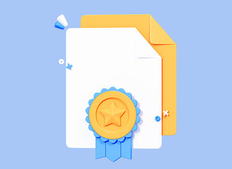 3D Paper document with award ribbon. Gold medal. Quality guarantee. Education certificate with star badge. List with stamp. Cartoon creative design icon isolated on blue background. 3D Rendering