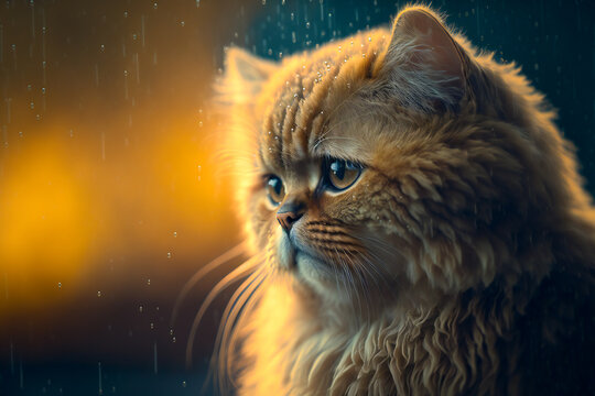 Sad and lonely cat sit in the rain. Alone cat without home. Anxiety and melancholy concept. Generative AI