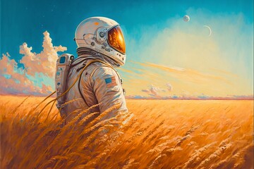 astronaut standing in a wheat field, digital painting style made with generative AI.