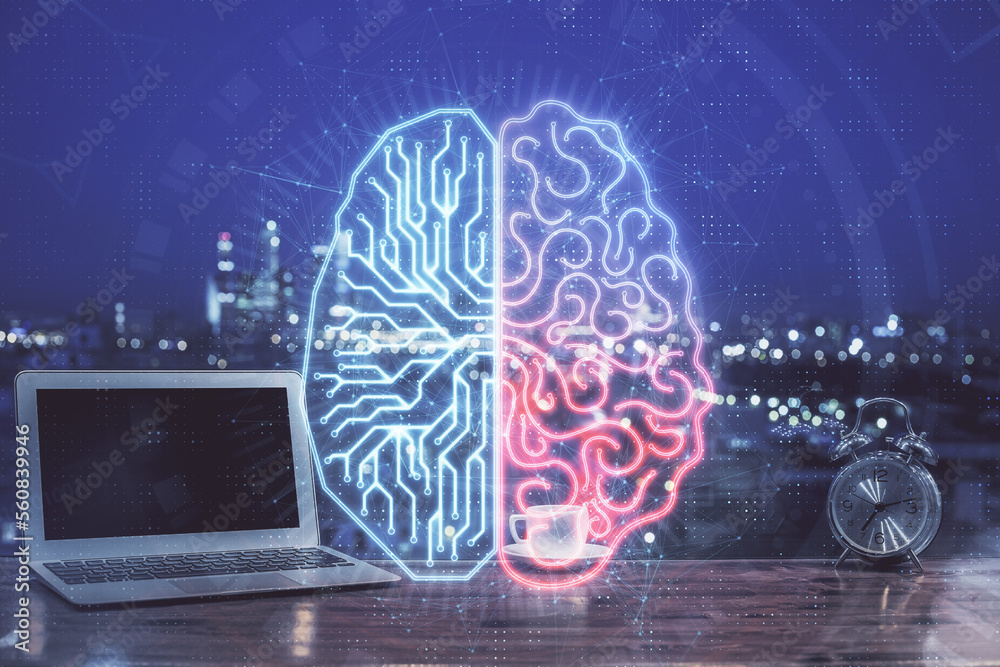 Poster Double exposure of work table with computer and brain sketch hologram. Brainstorming concept.