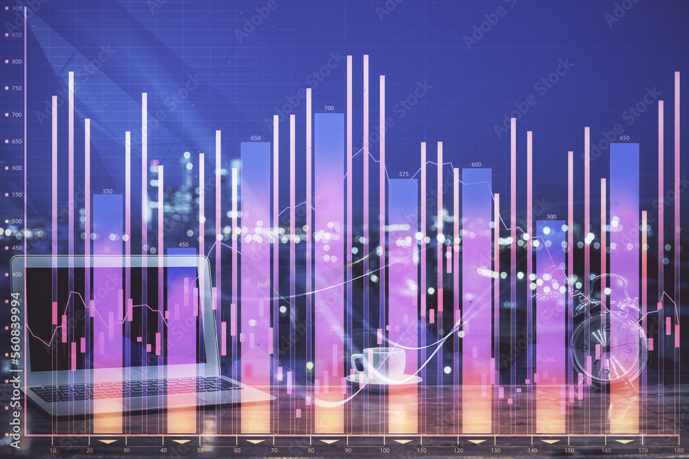 Poster double exposure of forex chart and work space with computer. concept of international online trading