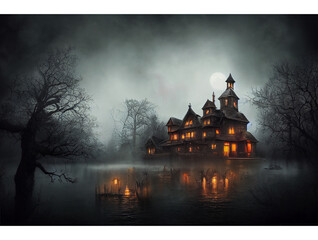 A haunted mansion with spooky backdrop, haunted house, halloween, dark and spooky, evil