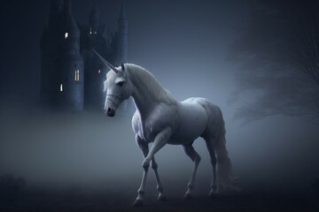 Obraz na płótnie Canvas mystical white unicorn at night walking in the mist in front of a castle.
