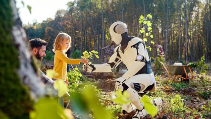 Caucasian father, son and humanoid planting tree together in garden or park. Handome man with small cute child and robot plant seedling of trees. Outside. Family with android working together.