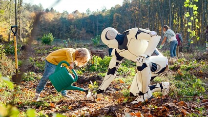 Happy child working together with robot and planting seedling of tree in garden or forest on sunny autumn day. Outdoor. Caucasian kid boy cooperating with humanoid for anti deforestation.