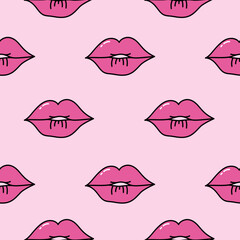 Pink seamless pattern with lips. Doodle heart wrapping paper for Valentine's Day. Romantic seamless background for holiday decor. Cute doodle illustration. Love and romantic concept