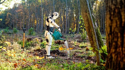 Robot humanoid watering planted seedling of tree in foret on sunny autumn day. Outdoor. Android...