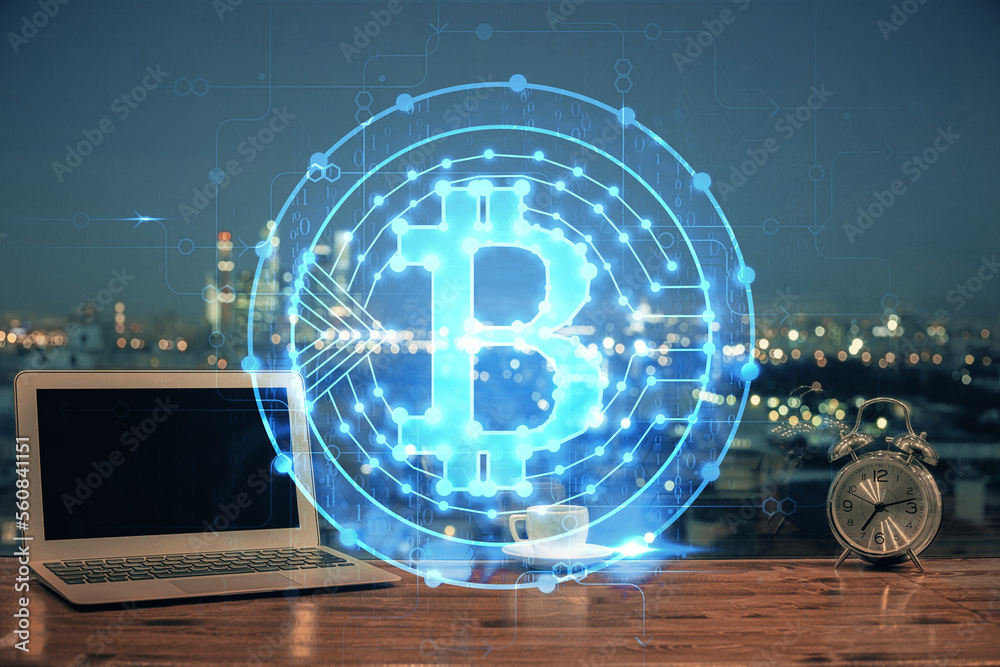 Aufkleber Multi exposure of blockchain theme hologram and table with computer background. Concept of bitcoin crypto currency.