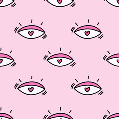 Pink seamless pattern with eyes and hearts. Doodle heart wrapping paper for Valentine's Day. Romantic seamless background for holiday decor. Cute doodle illustration. Love and romantic concept
