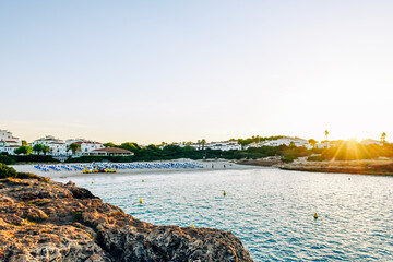 Sea view over the ocean of a beach and resort in Menorca
