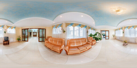 360 panorama in stylish guest hall or restroom in hotel with sofa in equirectangular spherical...