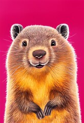 Fototapeta premium Funny adorable portrait headshot of cute groundhog. North American land animal standing facing front. Looking to camera. Watercolor imitation illustration. AI generated vertical artistic poster.