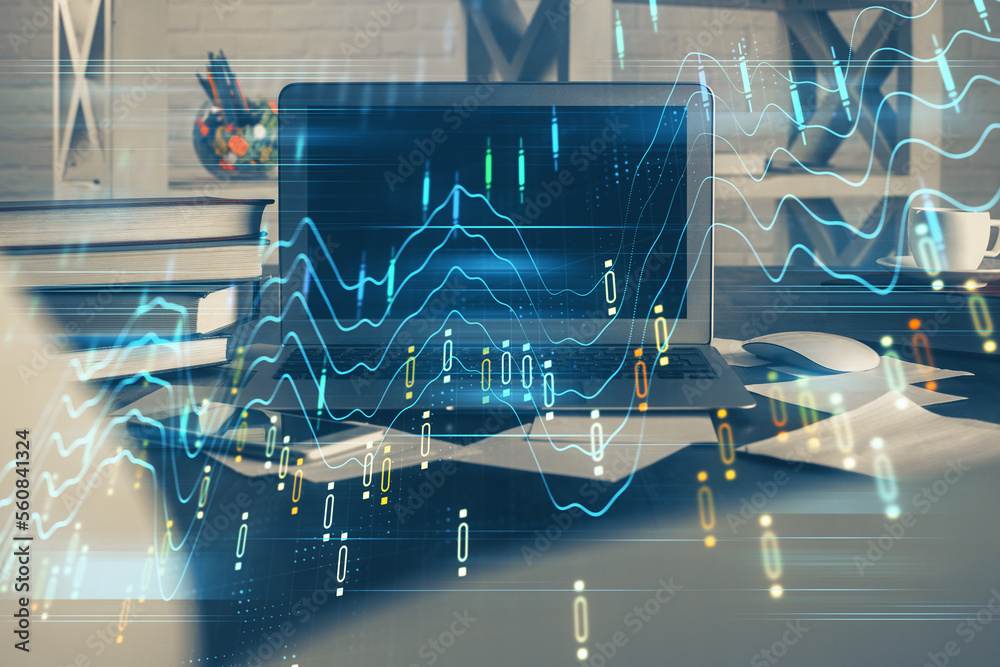 Poster Financial graph colorful drawing and table with computer on background. Double exposure. Concept of international markets.