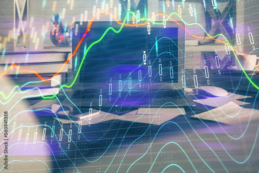 Aufkleber Financial graph colorful drawing and table with computer on background. Double exposure. Concept of international markets.