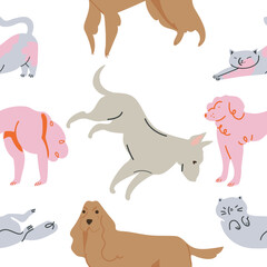 Semlles pattern. Cartoon dogs  and cats characters design collection with flat color in different poses. Vector illustration 