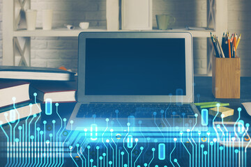 Technology theme drawing and work space with computer. Multi exposure. Concept of innovation.