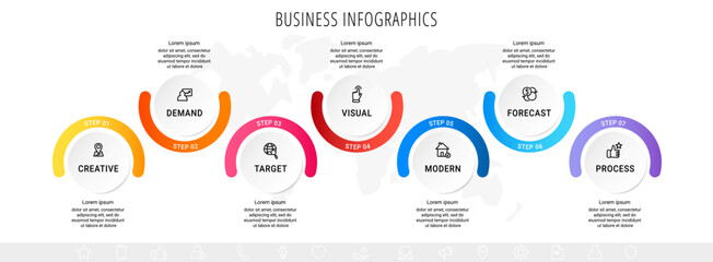 Circle vector infographic template with seven steps and options for annual reports, presentations, advertising, chart. Modern business illustration.
