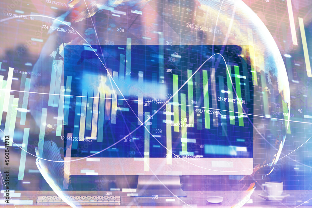 Poster Multi exposure of business theme icons and table with computer background. Concept of success.