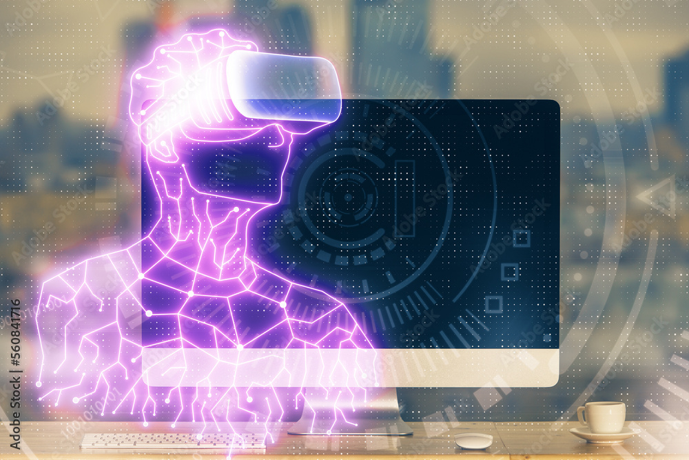 Poster Computer on desktop with AR theme icon. Multi exposure. Concept of augmented reality.
